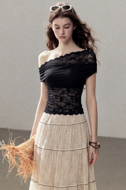 Lace Asymmetrical Shoulder Top
