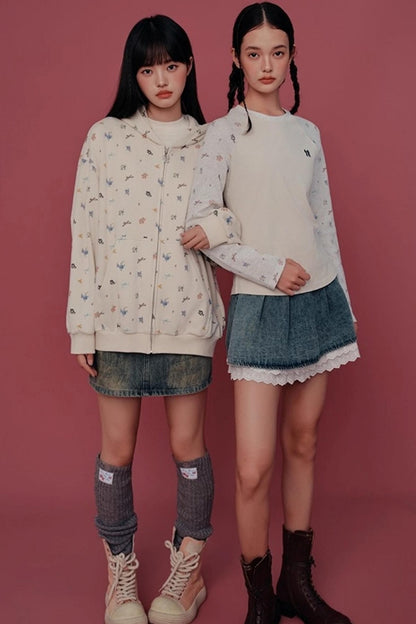 Floral Hooded Sweatshirt Cardigan Set-Up