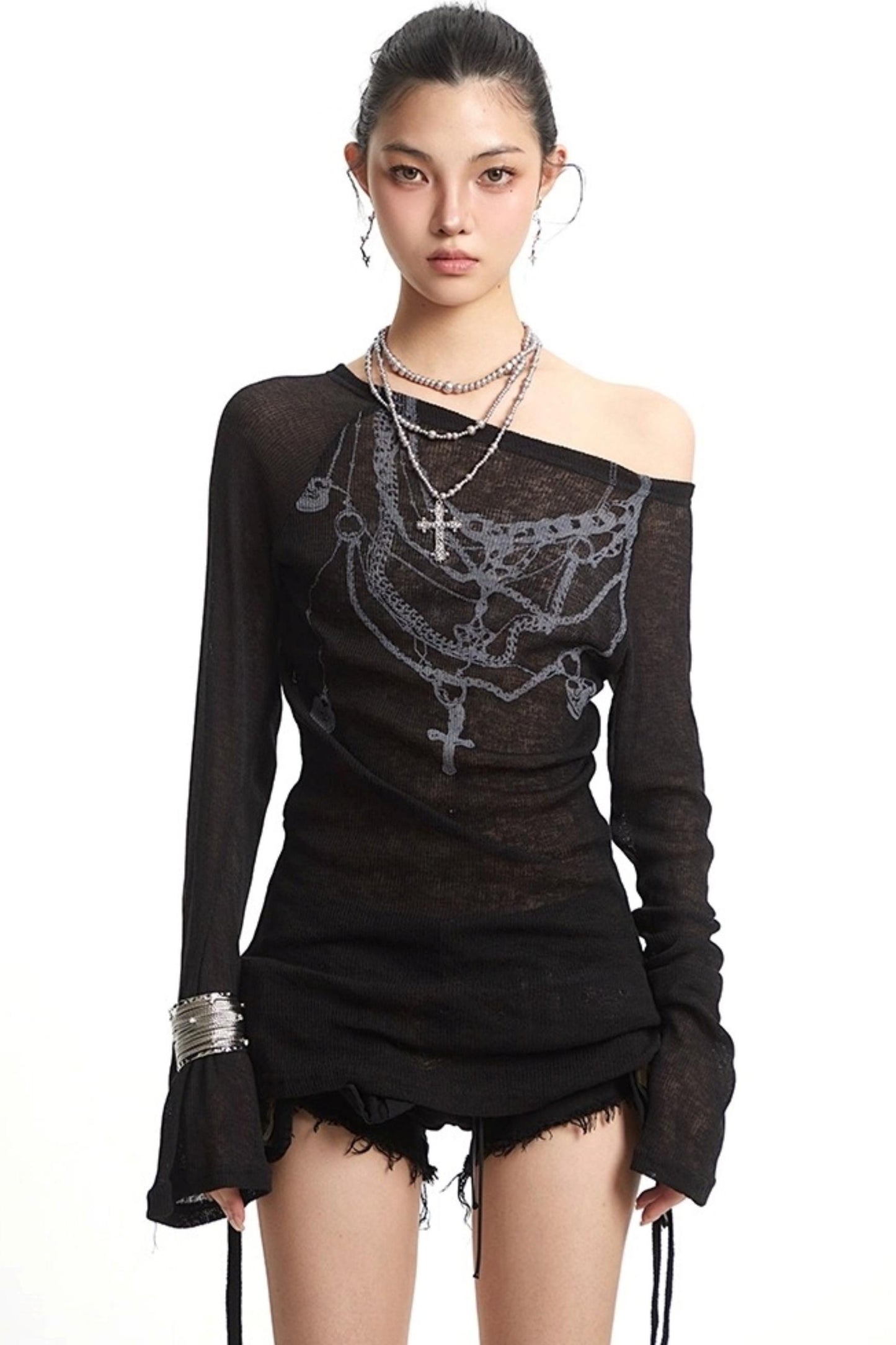 White Mesh Sleeve Top