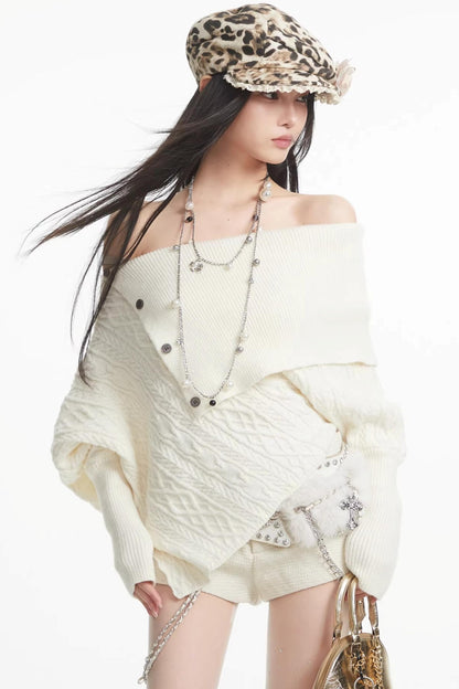 White One-Shoulder Knitted Sweater