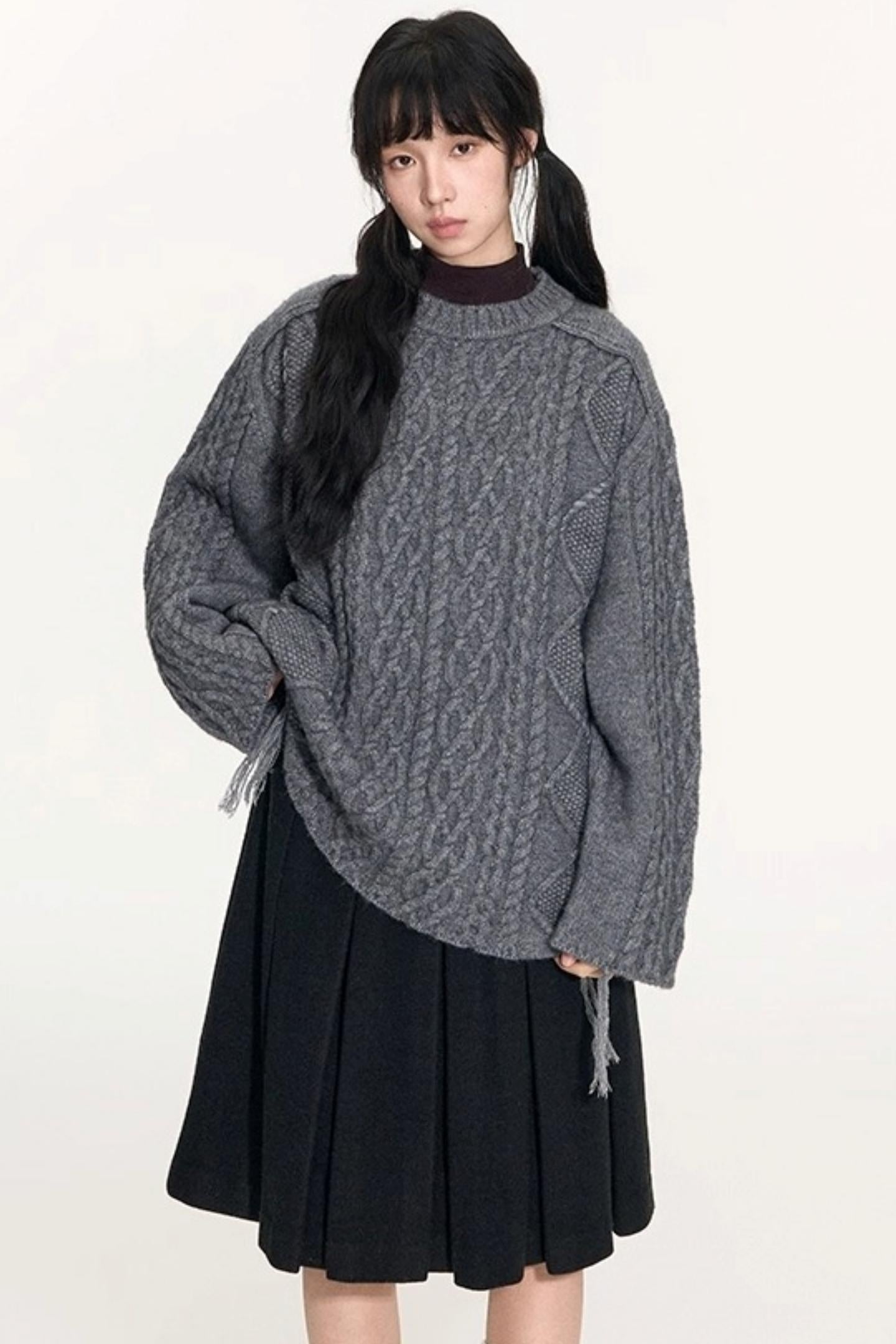 Crew Neck Crochet Cable Knit Sweater