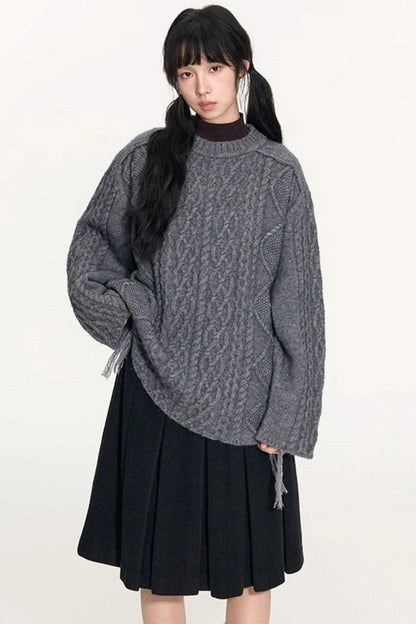 Crew Neck Crochet Cable Knit Sweater