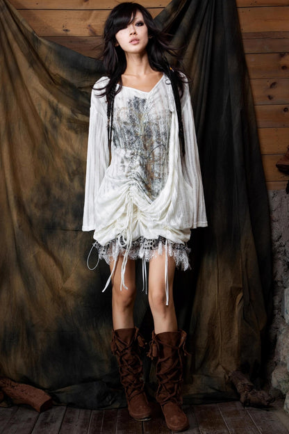 Vintage Lace-Up Knitted V-Neck T-Shirt