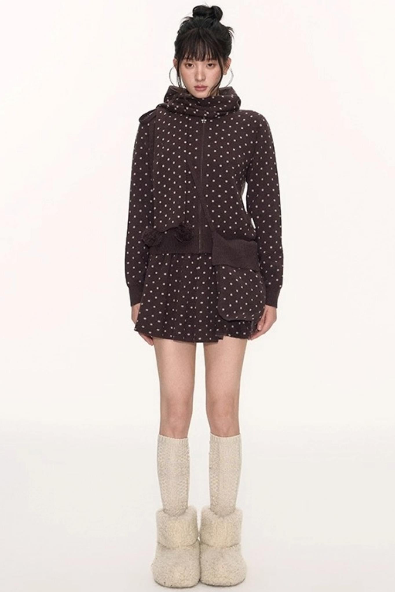 Polka Dot Hooded Knit Sweater Skirt Set-Up