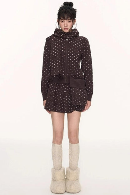Polka Dot Hooded Knit Sweater Skirt Set-Up