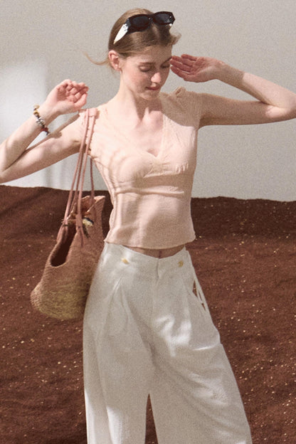 Fuzzy Lace V-Neck Tie Top