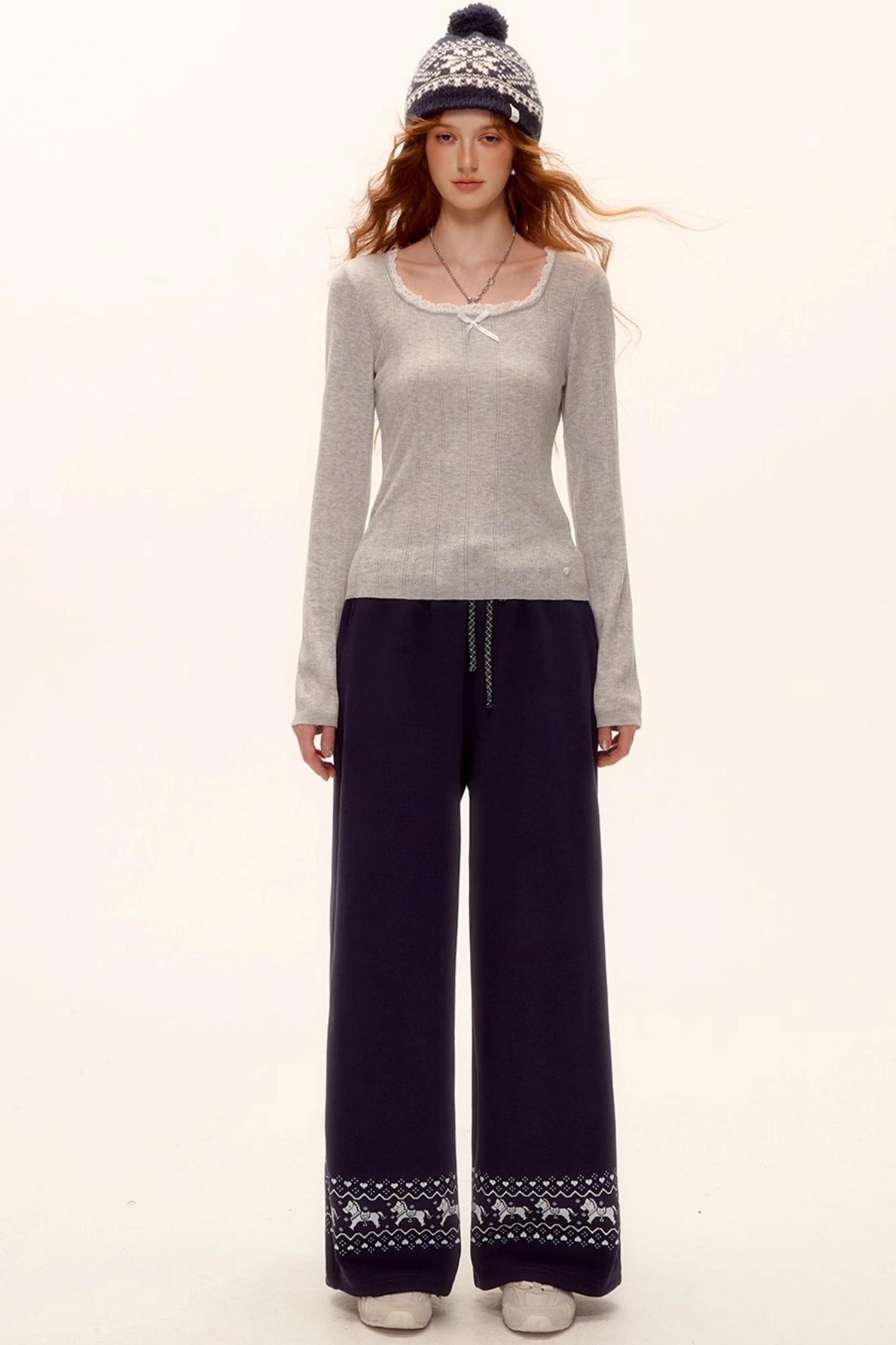 Lace-Trimmed Bow Hollow Knit Top