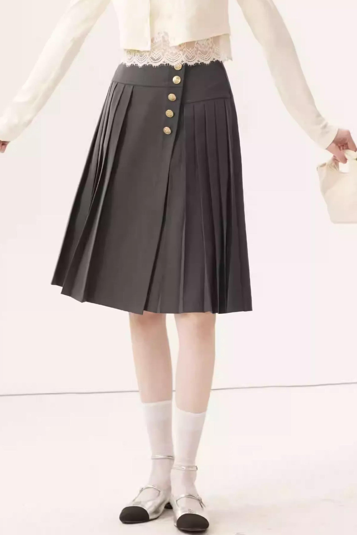 High-Waisted Pleated Midi Skirt