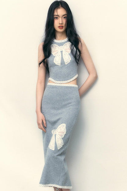 Grey Lace Vest And Skirt Set-Up