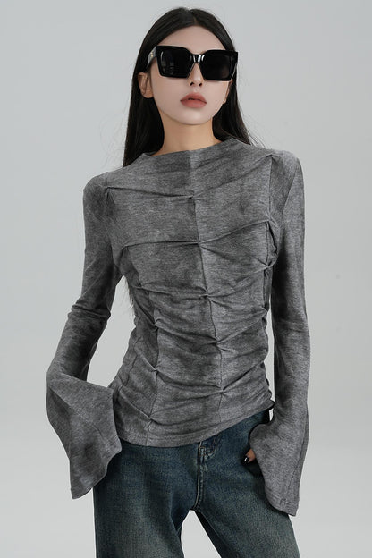 SRYSAME's design is slim, pleated, flared, long-sleeved, T-shirt, underneath, and top, a new autumn women's wear