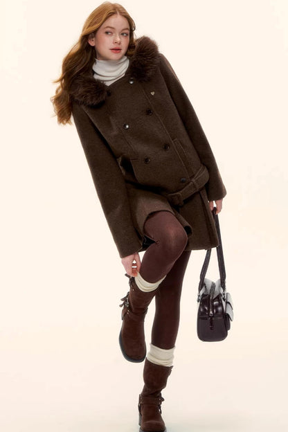 Retro Coffee Woolen Coat Set-Up
