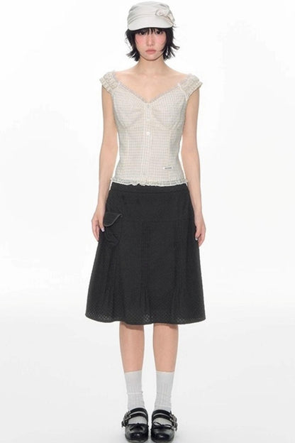 Checked Sleeveless One-Shoulder Shirt Set-Up