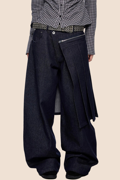Detachable Pleated Denim Skirt Pants