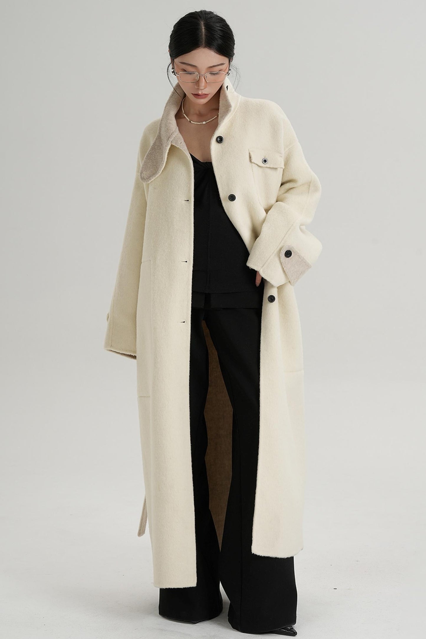 Temperament Design Color-Blocking Woolen Coat