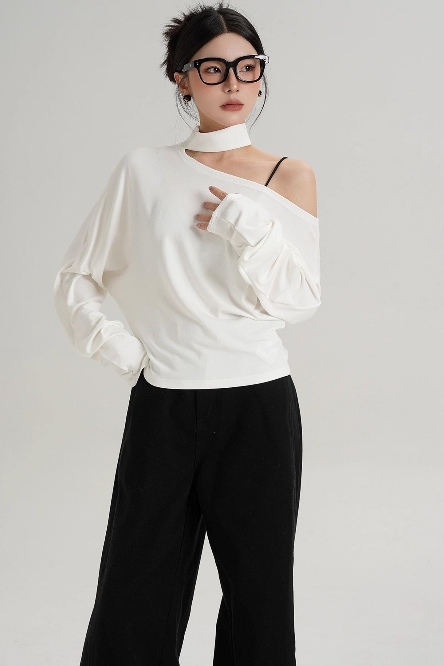 Halterneck Slanted Shoulder Long Sleeve Top