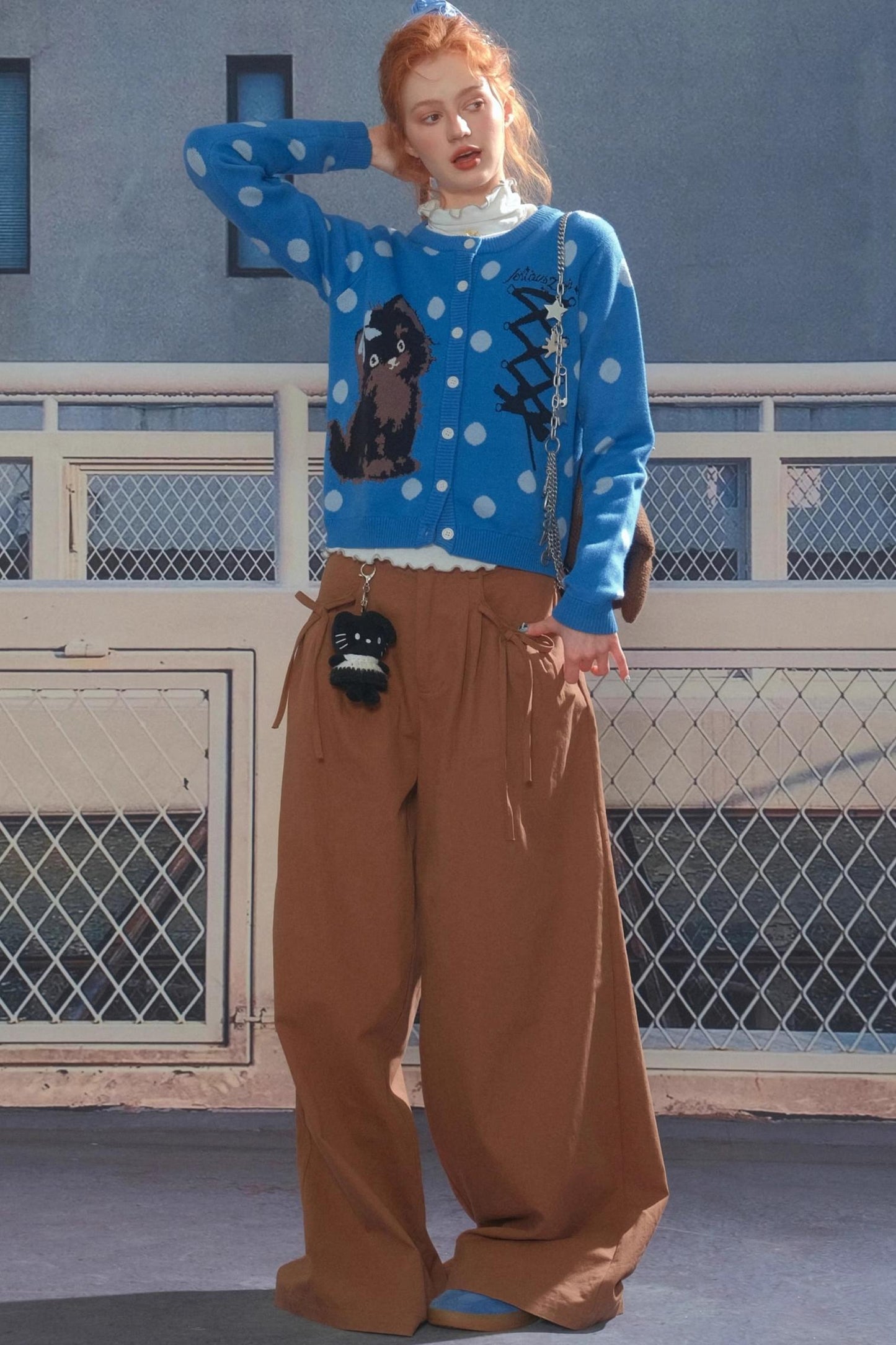 Blue Cat Polka Dot Knitted Cardigan