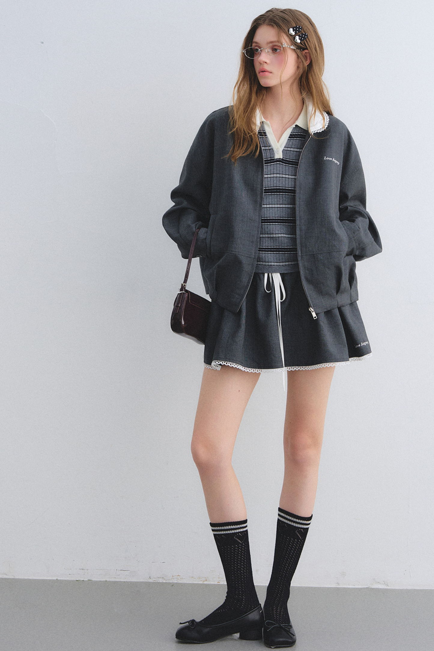 Lace Floral Gray Jacket Skirt Set-Up