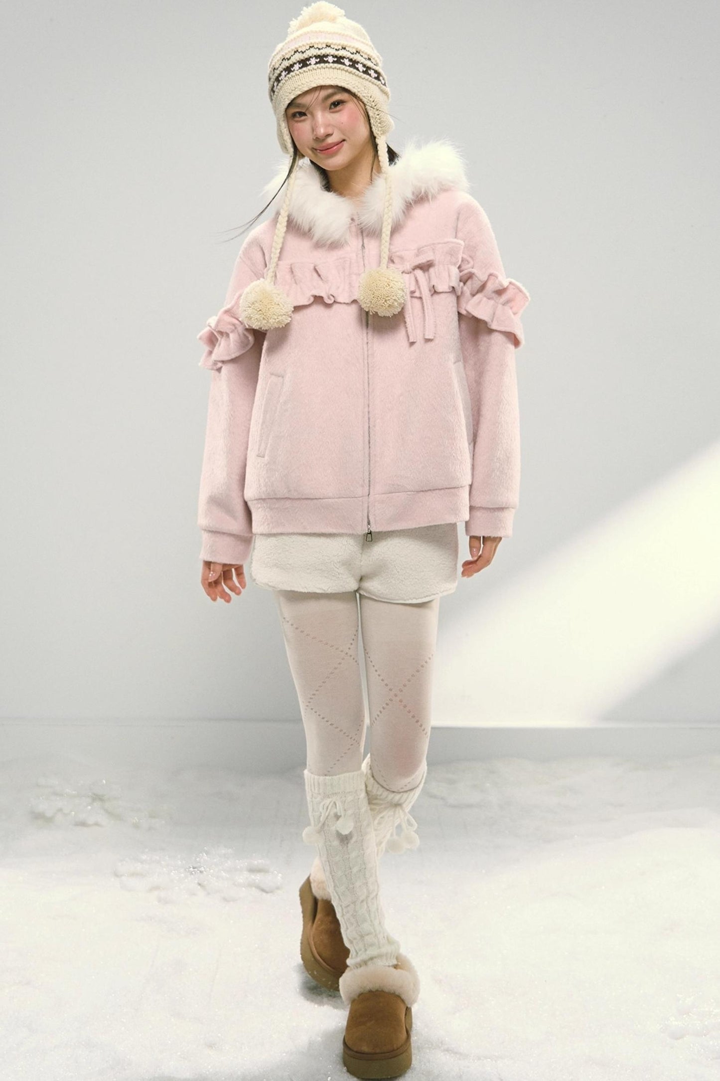 Pink Lace Fur Hooded Tweed Jacket