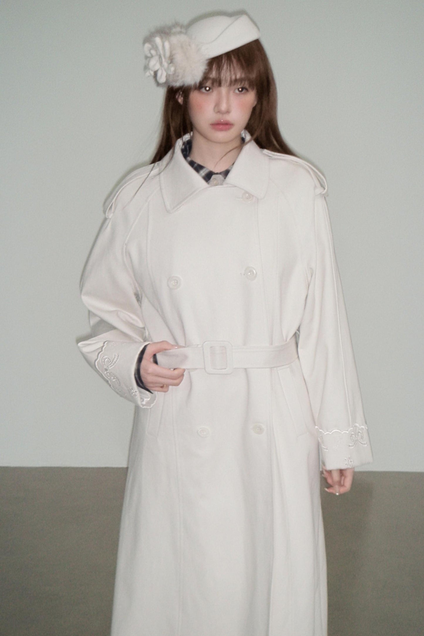 Creamy Hollow Flower Trench Coat