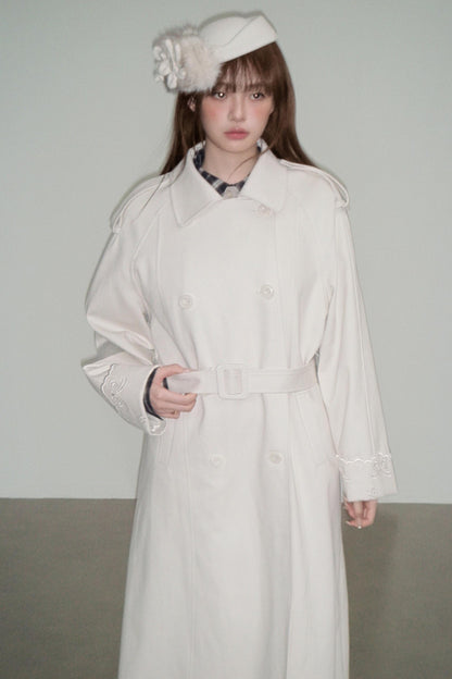 Creamy Hollow Flower Trench Coat