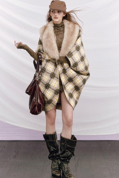 Plaid Fur Collar Woolen Coat
