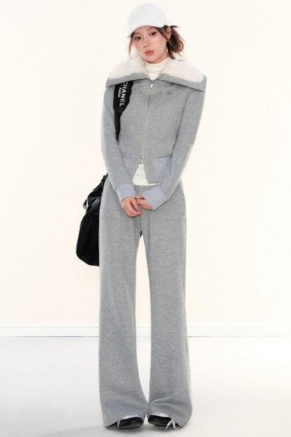 Lapel Fleece Slim Sweatshirt Jacket Set-Up