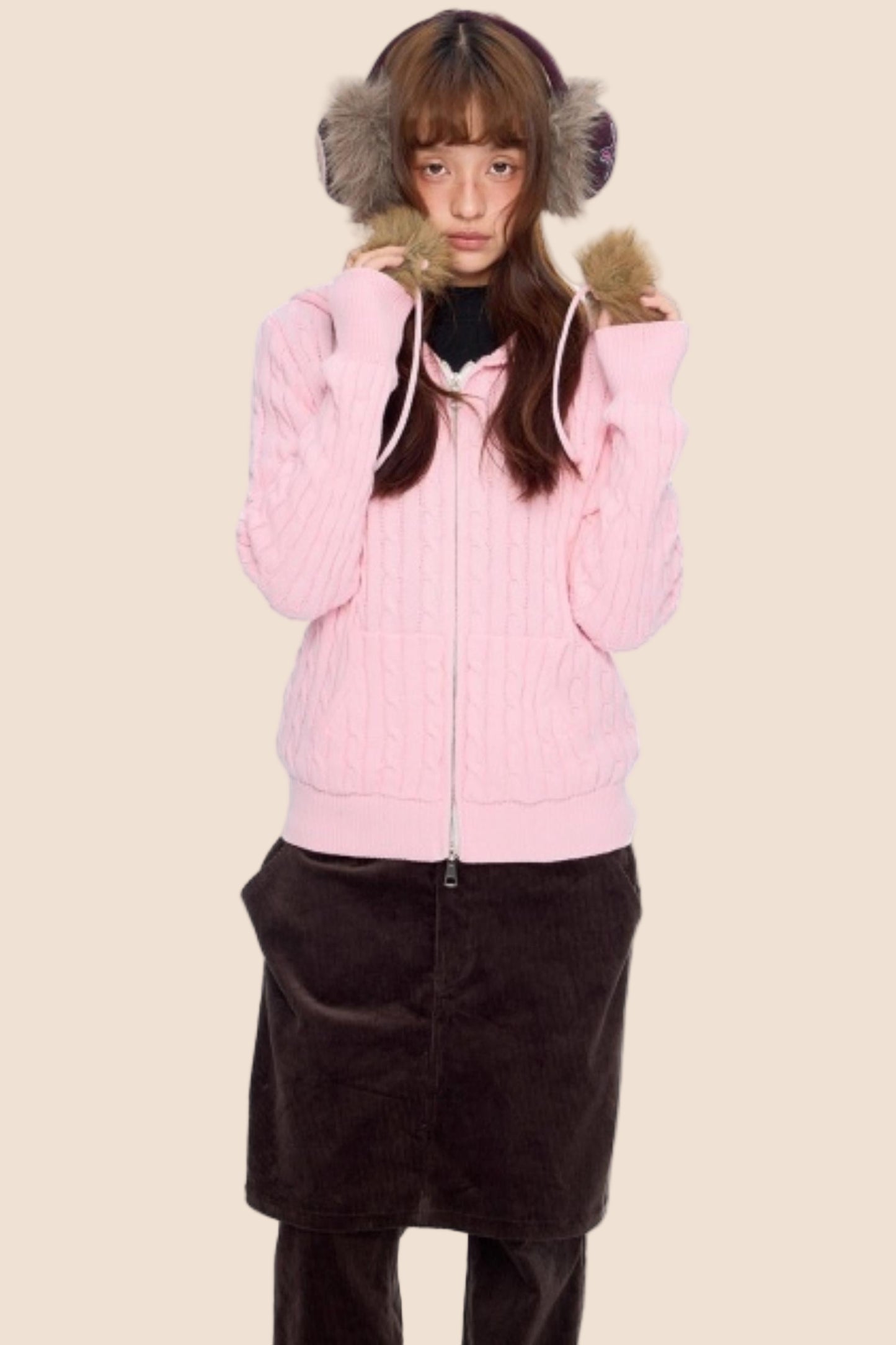 Furball Twisted Knit Hooded Cardigan