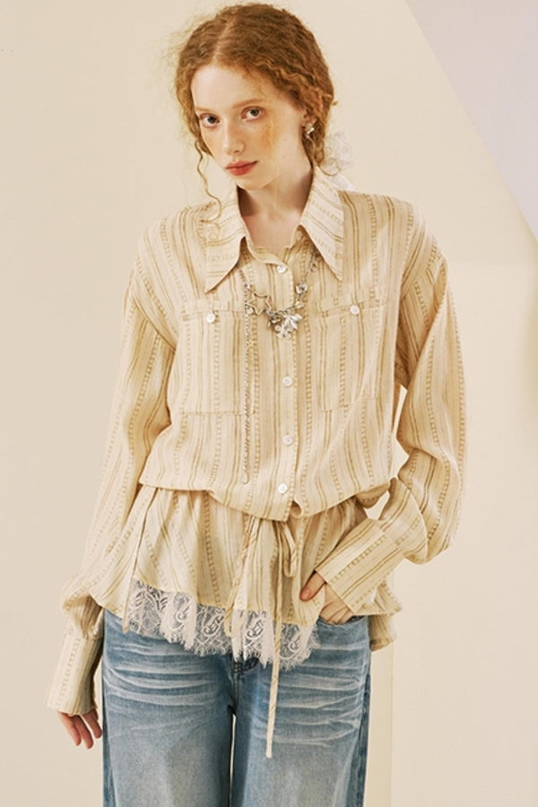 Vintage Lace-Trimmed Drawstring Shirt