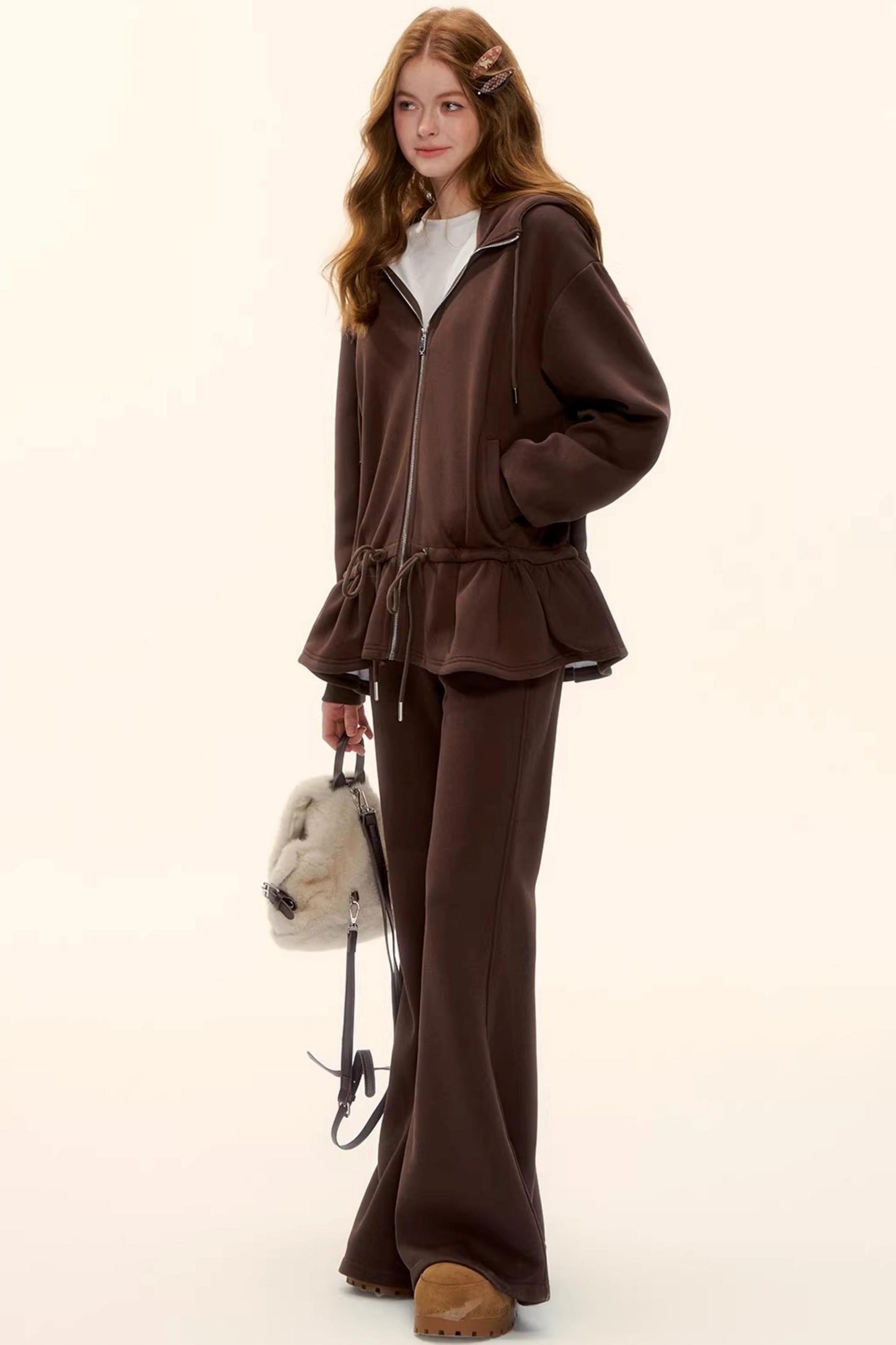 Hooded Drawstring Fleece Jacket Set-Up