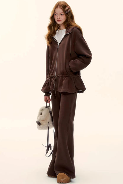 Hooded Drawstring Fleece Jacket Set-Up