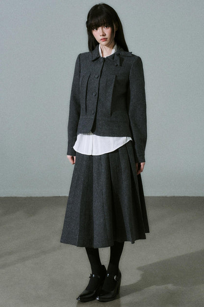 Wool Bow Tie Blazer Suit & Skirt Set-Up