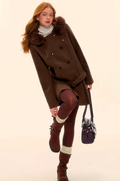 Retro Coffee Woolen Coat Skirt Set-Up