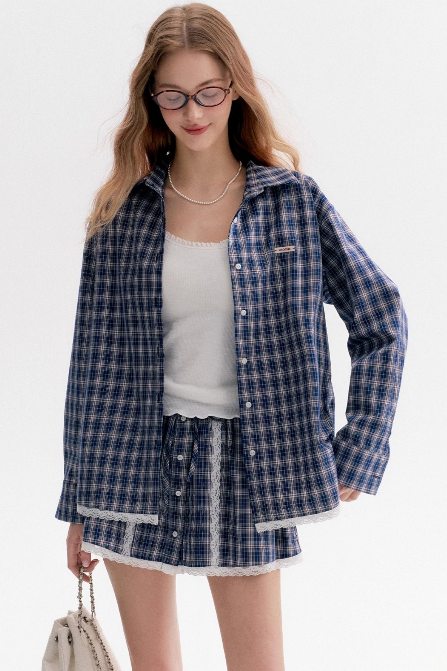 Lace Panel Check Loose Shirt Set-Up