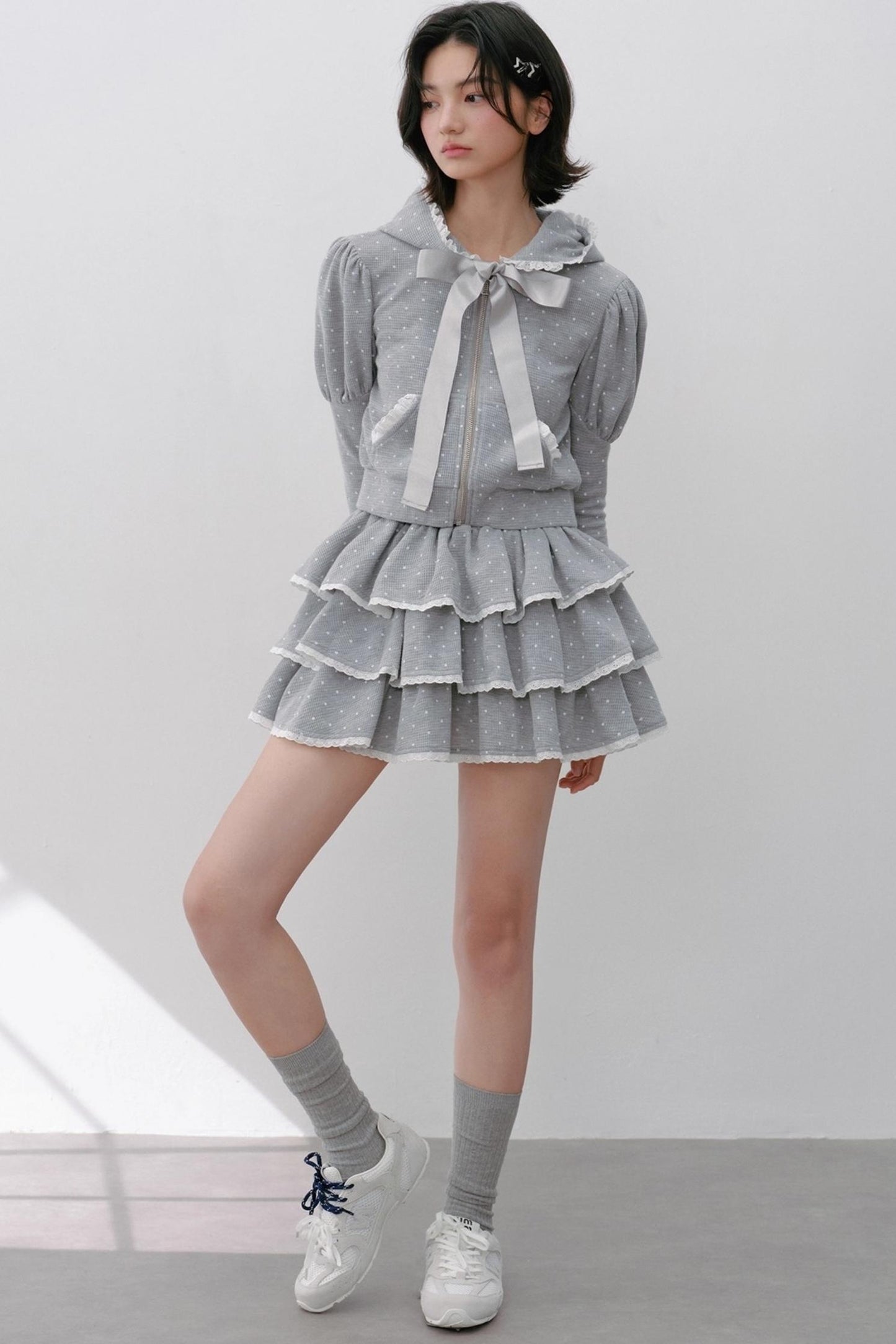 Hooded Polka Dot Tracksuit Skirt Set-Up