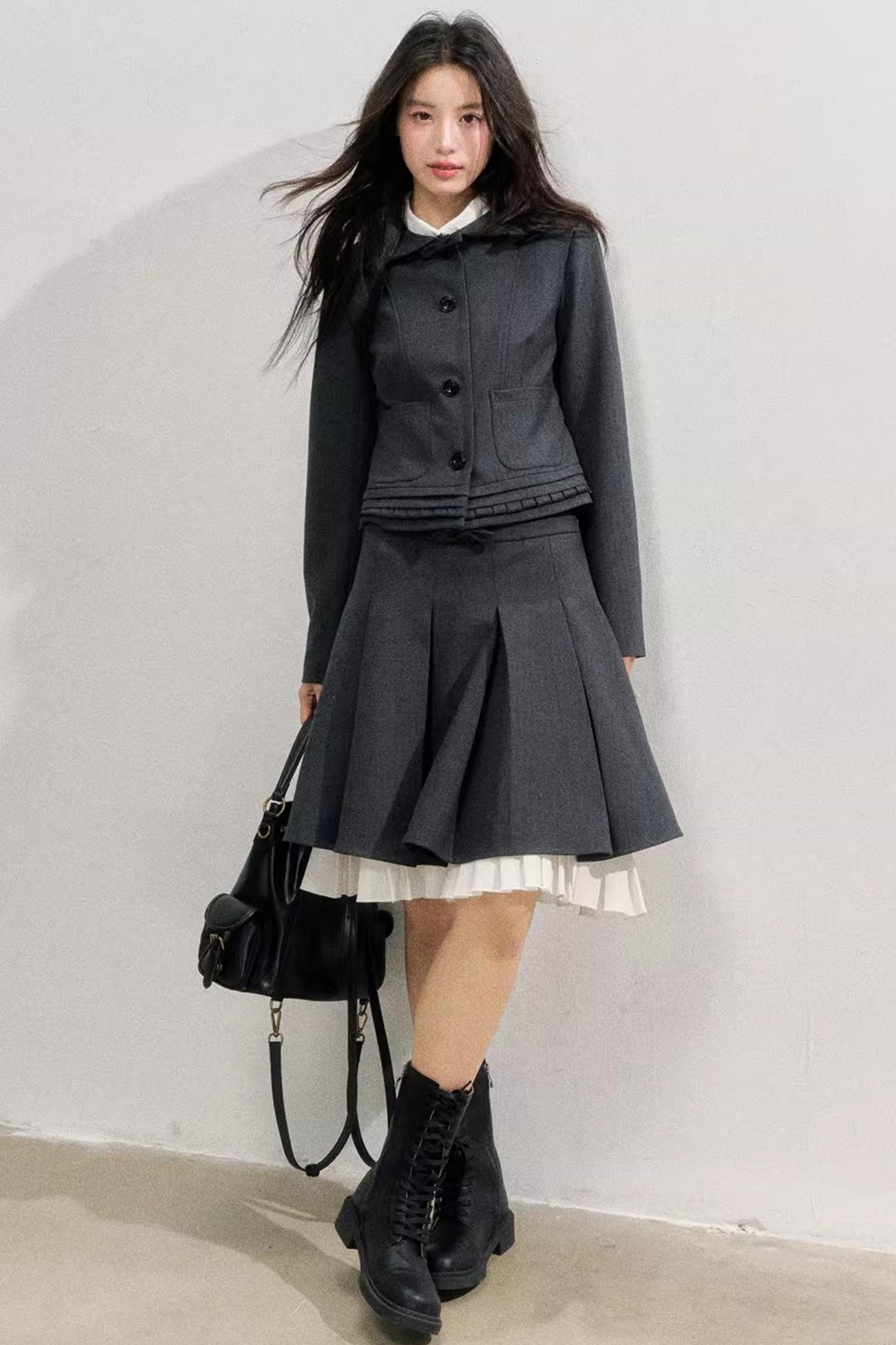 Lead Grey Preppy Blazer Skirt Set-Up