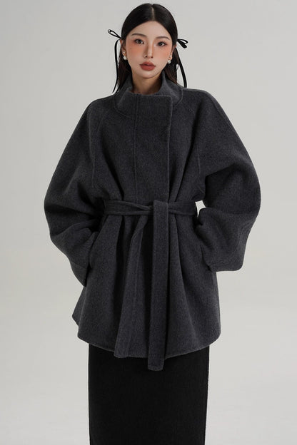 Elegant Woolen Lace-Up Coat