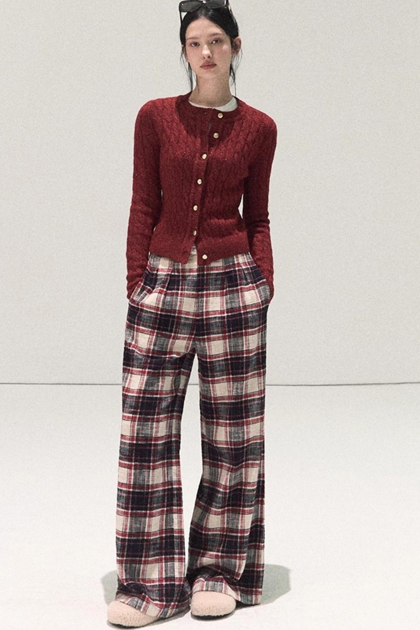 Pure Cotton Plaid Wide-Leg Pants