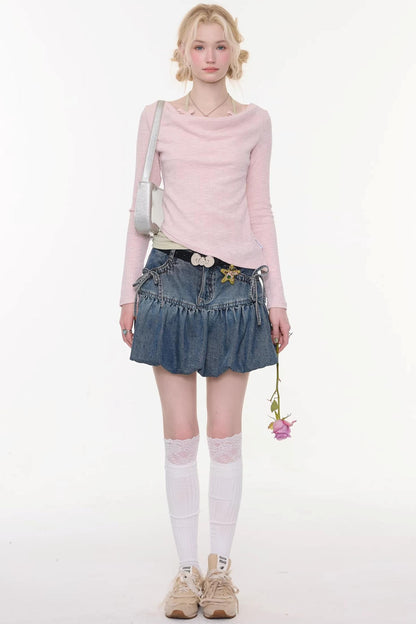Sweet Bubble Bowknot Denim Skirt