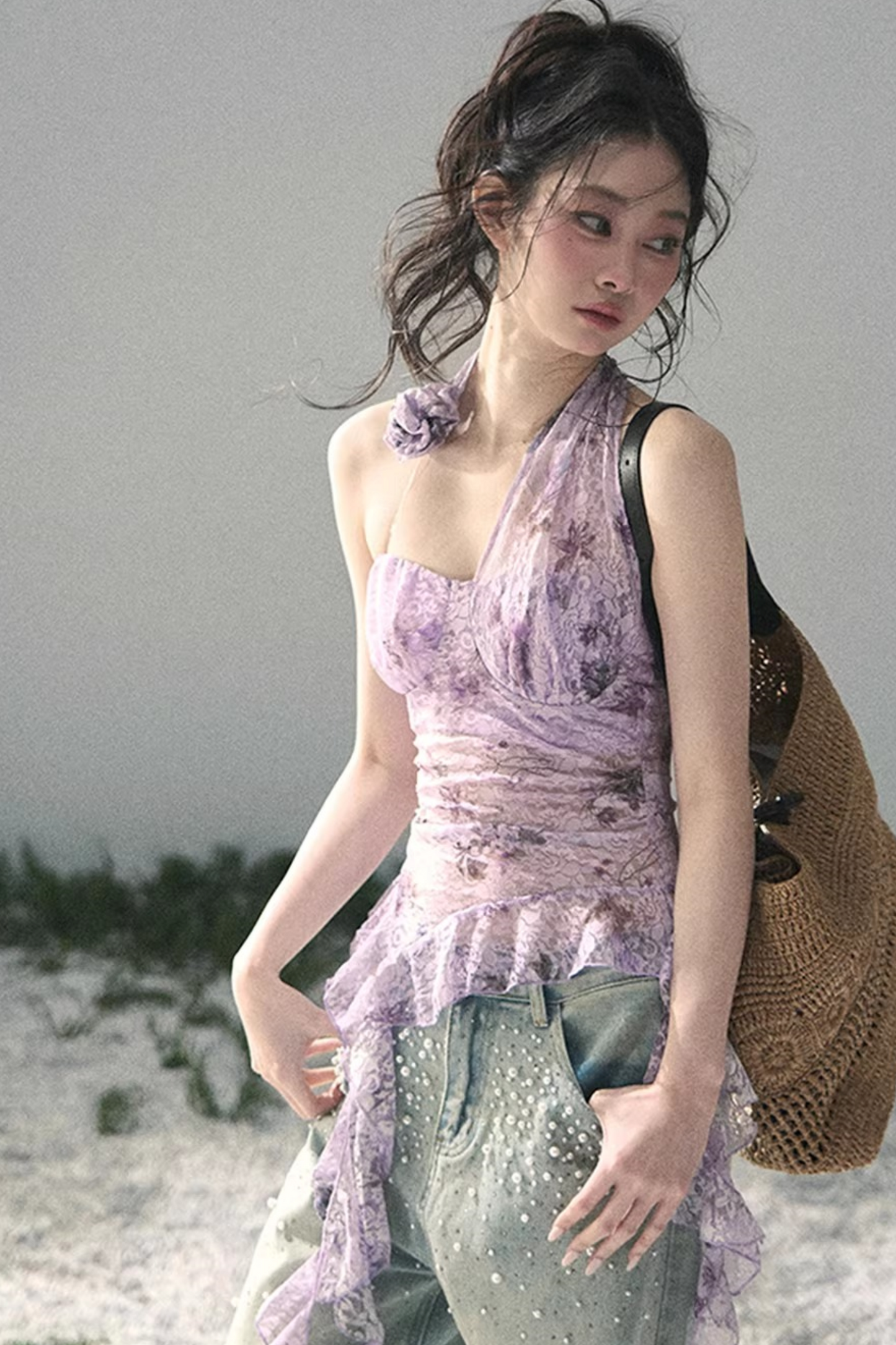 자주색 바우히니아 리본 탑