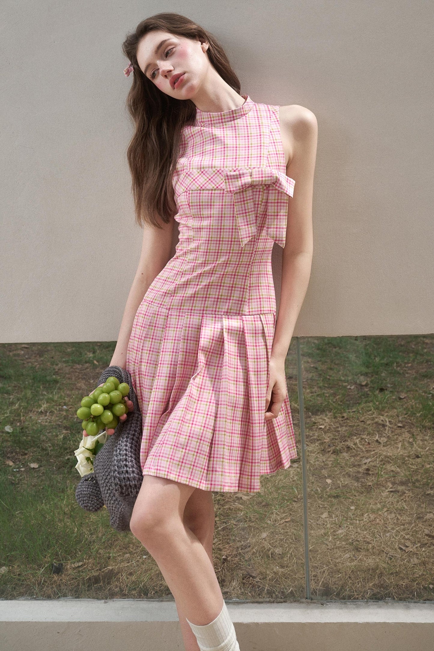 Bow Halterneck Plaid Dress