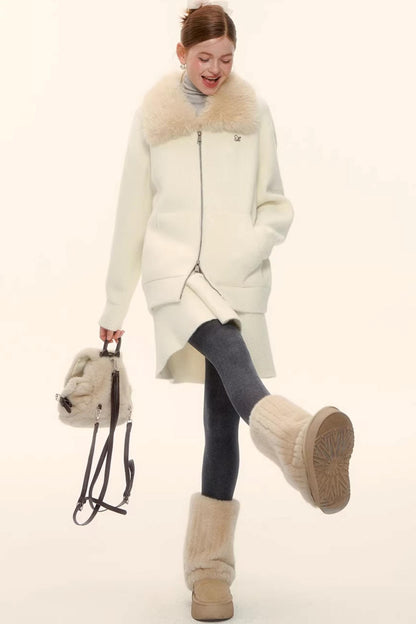 Wool Blend Lapel Fur Collar Coat Set-Up
