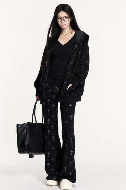 V-Neck Print Long-Sleeved T-Shirt