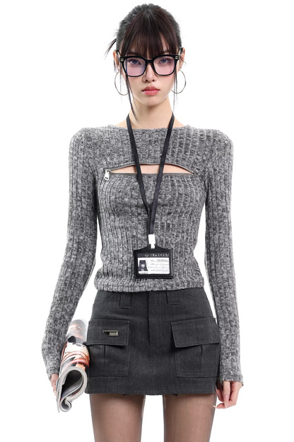 Gray Cut Out Knit Top