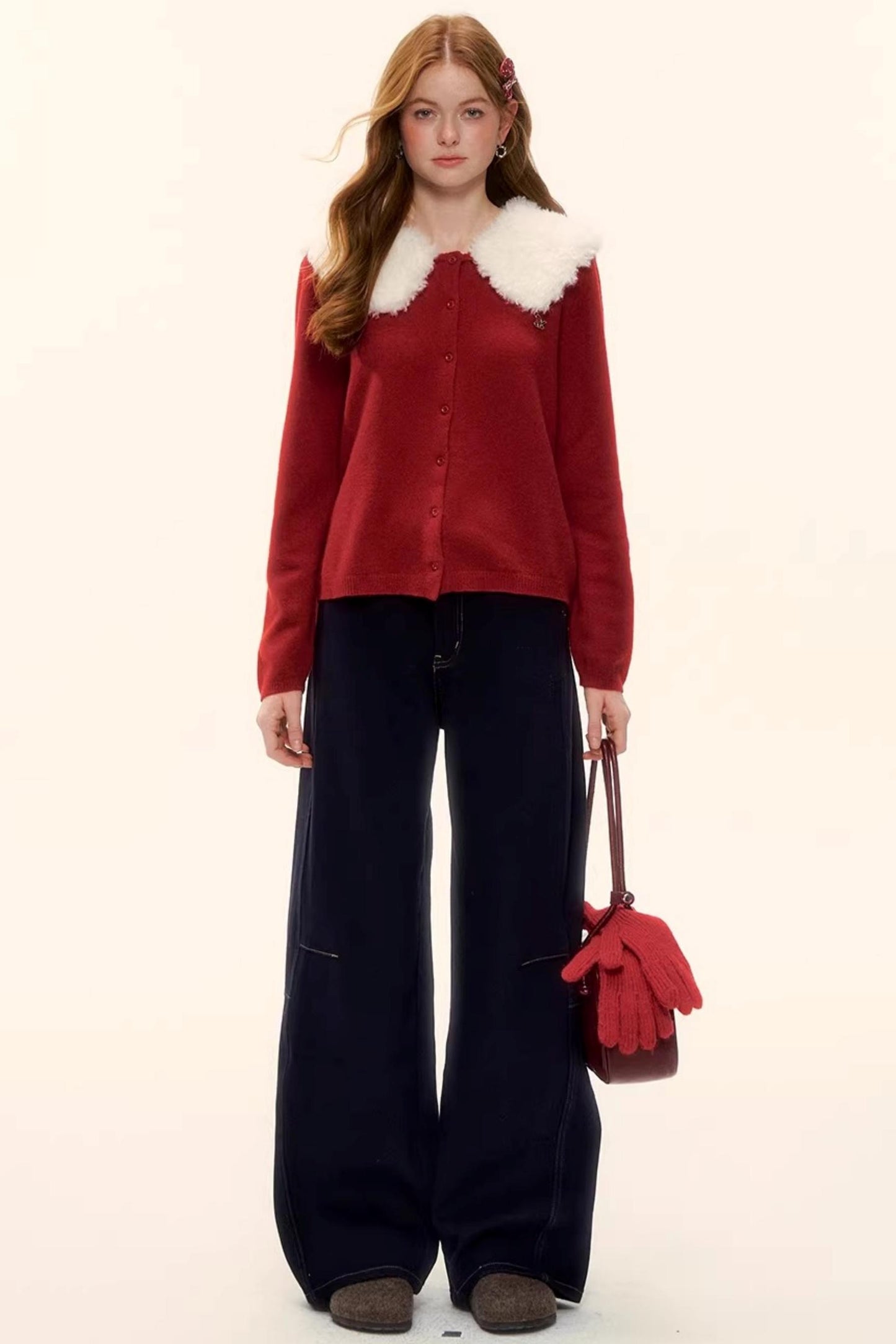 Wool Detachable Fur Collar Cardigan