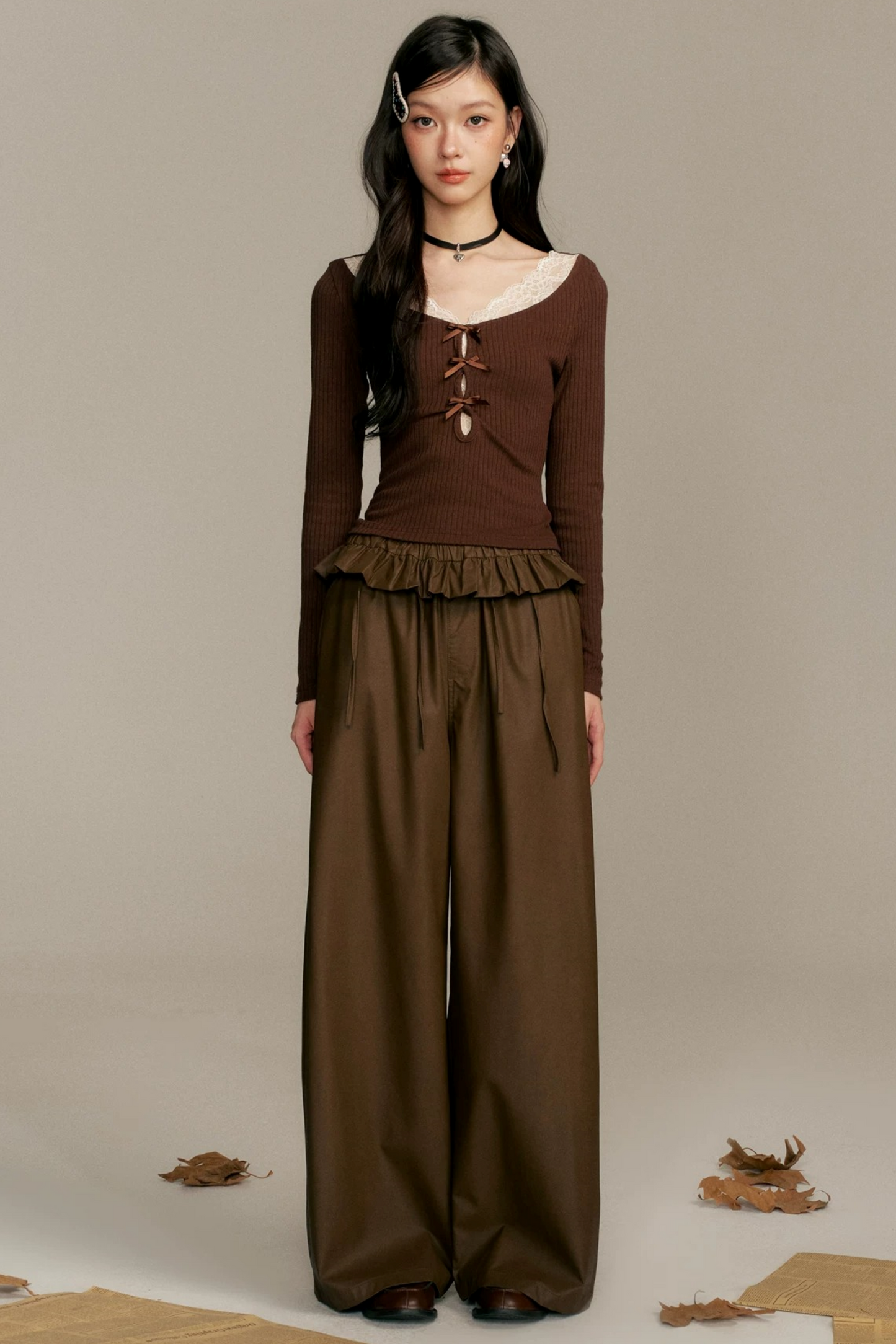 Caramel Lace Patchwork Skirt Pants Set-Up