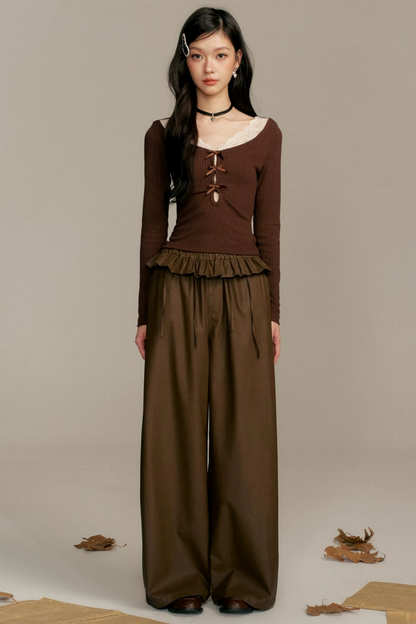 Caramel Lace Patchwork Skirt Pants Set-Up