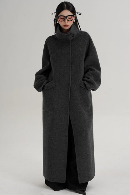 Stand-Up Collar Long Wool Coat
