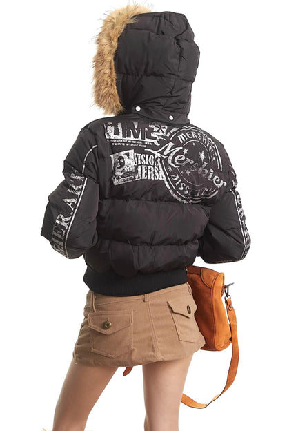 Printed Short Fur Collar Down Jacket