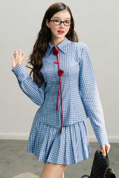 Long live the Milky Way [8.20 20:00] "She came from the sea" handmade red rose navy blue plaid shirt pleated skirt