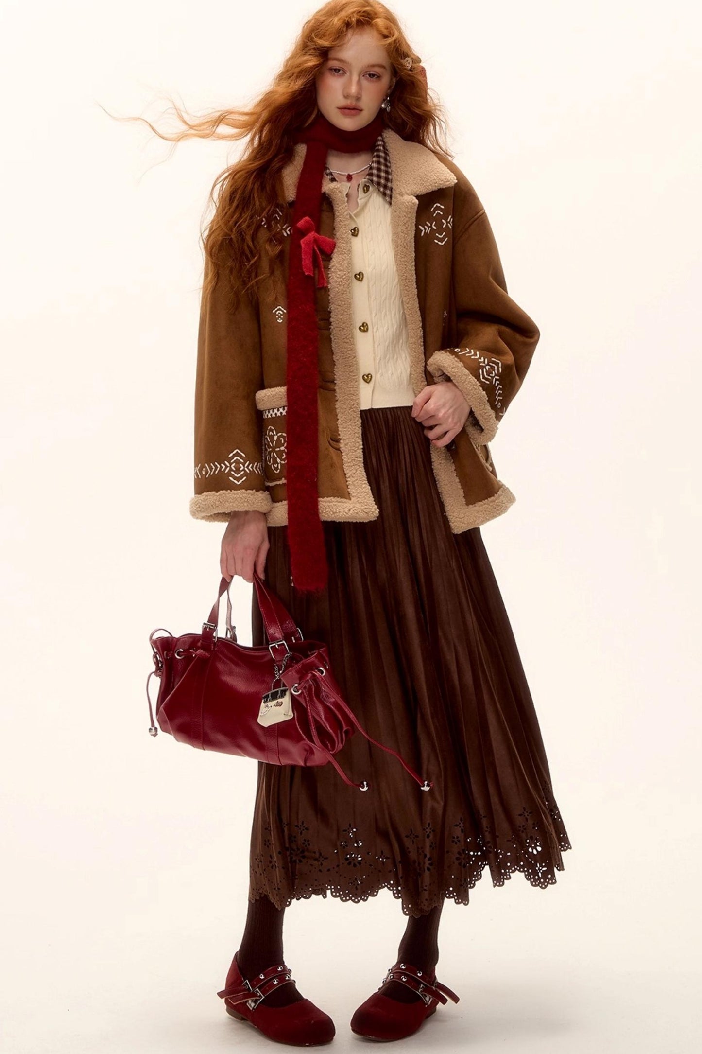 Embroidered Shearling Wool Jacket Set-Up